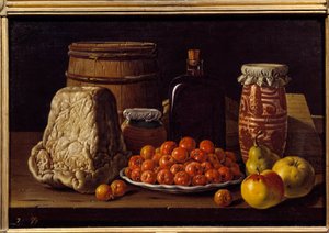 Juusto, hedelmät ja vastaanottaja. Luis Melendezin (1716 - 1780) maalaus, espanjalainen koulu tekijältä Luis Egidio Menendez or Melendez
