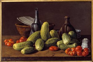 Asetelma: kurkut, tomaatit ja astiat. Luis Melendezin (1716 - 1780) maalaus tekijältä Luis Egidio Menendez or Melendez
