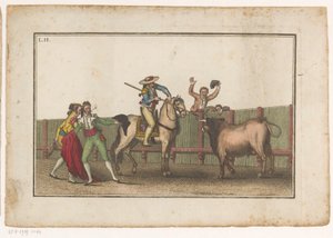 Picador tähtää keihällä härkää Coleccion de las Principles suertes de una corrida de toros (sarjan nimi) Kokoelma tärkeimmistä härkätaisteluharjoituksista (sarjan nimi) tekijältä Luis Fernandez Noseret