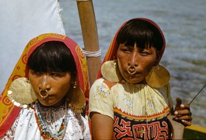 Naiset, joilla on kultaiset nenärenkaat Cuna-heimon Mulatas aka San Blasin saarten meloa ja s...