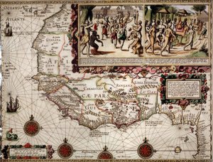 Kartografi Luis Teixeran (tai Teixeiran) tekemä maantieteellinen kartta Guineesta noin 1586. Oikeassa yläkulmassa alkuperäiskansojen (afrikkalaisten) tanssikohtaus. tekijältä Luis Teixeira