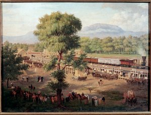 Näkymä Meksikon laakson rautatielle Luis Coton (1830-1891) maalaus Mexico City, Kansallinen historiallinen museo, Chapultepecin linna tekijältä Luiz Coto