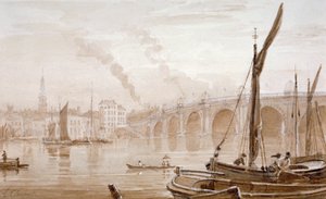 Näkymä Blackfriars Bridgelle Surreyn rannalta, veneet etualalla, Lontoo, c1825 tekijältä Luke Clennell