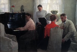 Teeskentelijä (nuori mies, joka seurustelee kahden naispuolisen saattajan valvonnassa, joista toinen soittaa pianoa) (sulhanen) - Lukian Vasilyevich Popovin (1873-1914) maalaus, öljy kankaalle (54x80 cm) tekijältä Lukjan Vasilievich Popov
