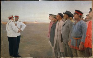 Rekrytointi - Lukian Vasilyevich Popovin (1873-1914) maalaus, öljy kankaalle tekijältä Lukjan Vasilievich Popov