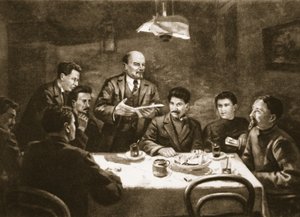 Bolshevikkipuolueen keskuskomitean kokous 23.10.1917 (litho) tekijältä Lupov (attr. to)