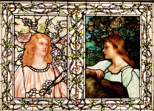 Kevät ja syksy, valmistaja Tiffany Glass & Manufacturing Co., n. 1892 (lyijyllinen lasi)