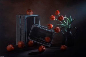 Tumma kukka- ja hedelmäasetelma