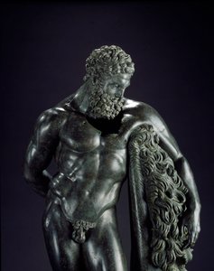 Kreikkalainen taide: "" Herakles levossa"" Yksityiskohta. Lysippe Sikyonelaisen (395-305 eKr.) pronssiveistos 4. vuosisadalla eKr. Ercole Curinon pyhäköstä, Sulmonasta. Museo Nazionale Archeologico, Chieti Italia - Herakles (Hercules) lepää - Yksityiskohta