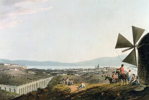 Lissabon ja Alcantaran akvedukti, kaiverrus I. Clark tekijältä M. (after) Bradford