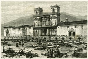 Quiton katedraali (nykyisen Ecuadorin pääkaupunki) ja sen aukion suosittu viihdetarjonta. Clergetin ja Ferdinandusin kaiverrus havainnollistamaan tarinaa "Equinoxiale America" tekijältä M. (after) Ferdinandus