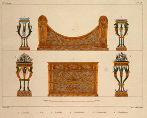 Huonekalumallit, kaiverrettu Soyerin toimesta, laatta 28 teoksesta "Modeles de Meubles et de decorations interieures pur les meubles", julkaistu 1828/41 (värilitografia). tekijältä M. (after) Santi