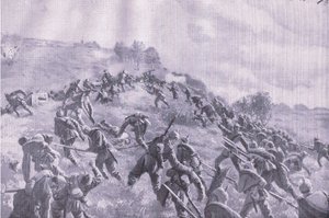Szawlen takaisinvaltaaminen. Storming the harjun pubista The Illustrated History of the World War 1914-1915. kirjoittanut Union Berlagsefellfchaft tekijältä M. Barascudts