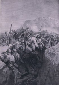 Italialaisten epäonnistunut hyökkäys Doberdon korkeuksiin, The Illustrated History of the World War 1914-1915 -pubista. kirjoittanut Union Berlagsefellfchaft tekijältä M. Barascudts