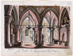 Le tombeau de Charlemagne a Aix-la-Chapelle - Lavastus Giuseppe Verdin Opera Ernanille - M. Conti (1810-1886). Akvarelli paperille Mitat : 22x29 cm Morgan Library & Museum, New York tekijältä M. Conti