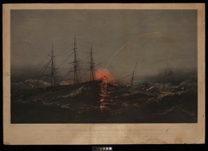 Yhdysvaltain fregatti Sabine pelastaa Yhdysvaltain merijalkaväen pataljoonan kuljetuskuvernööriltä. marraskuun 2. päivänä 1861 Etelä-Carolinan rannikolla (litografia, värillinen). tekijältä M. F. H. De & Parsons Charles Haas