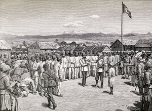 Sir Henry Morton Stanley puhuu kapinallisille upseereille Kavallissa, 1890 (puukaiverrus) tekijältä M. Schonberg