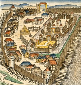 Sabatz, kuvitus Hartmann Schedelin (1440-1514) teoksesta "The Liber Chronicle" (Nürnbergin kroniikka), pub. Nürnberg, 1493 (käsinvärinen kaiverrus) tekijältä M. and Pleydenwurff, W. Wolgemuth