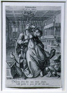 Sophronia, sarjasta "Kolme naista siveyden symboleina", kaiverrus Raphael Sadeler I (1561-1632) n. 1590 (kaiverrus) tekijältä Maarten de (after) Vos