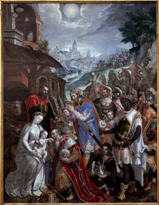 Maagien palvonta. Pyhän perheen ja tietäjien yläpuolella, paimenen tähti. Maaerten de Vosin (Martin de Vos, Marten de Vos) maalaus (1532-1603), flaamilainen taide 1500-luvulla. Valenciennesin taidemuseo.