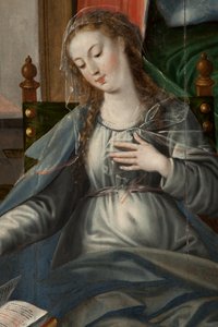 Adoration of the Magi, Triptyykki, Oikea paneeli takaosa, yksityiskohta, maalaus puulle tekijältä Maarten de Vos
