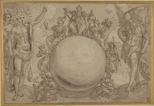 Apollo, Diana ja aika sekä ihmiselämän sykliset vastoinkäymiset, n. 1561 (kynä ja ruskea muste, harmaata pesua grafiittijälkien päällä, viilletty siirtoa varten kerrostetulle paperille). tekijältä Maarten de Vos