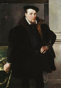 Herrasmiehen muotokuva, kolme neljäsosaa, mustassa takissa turkisvuorella, 1551 tekijältä Maarten de Vos