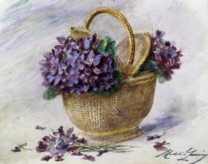 Korillinen orvokkeja. Madeleine Jeanne Lemairen (1845-1928 Ranska) maalaus Yksityiskokoelma.