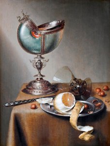""Nature morte a la coupe nautile"" (Asetelma Nautilus Cupin kanssa) Peinture de Marten Boelema de Stomme (1611-1644) - Öljy puulle Koko 50x38 cm Hallwylska Museet, Tukholma