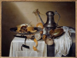 Asetelma pasteetilla sitruuna- ja tinakarahvilla. Maerten Boelema de Stommen (1611-1664) maalaus 1600-luvun su. 0,6x0,79 m Nantes, Musee des Beaux Arts