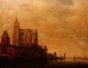 Groote Kerk, josta on näkymät päätornille, Emmerich jokimaisemassa purjeveneineen tekijältä Maerten Fransz van der Hulst