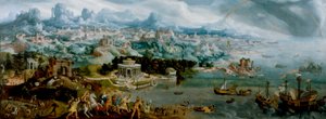 Panoraama, jossa Helenan sieppaus kuvataan antiikin maailman ihmeiden keskellä tekijältä Maerten van Heemskerck