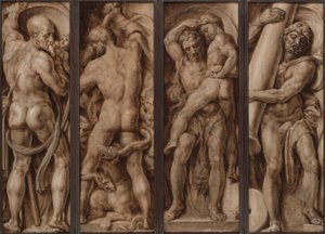 Saturnus syö lapsen; Hercules Slaying the Hydra; Hercules Lifting Antaeus; Hercules pystyttää Calpen ja Abylan pylväitä tekijältä Maerten van Heemskerck