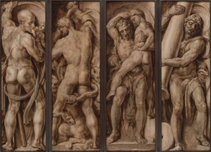 Saturnus syö lapsen; Herakles surmaa Hydran; Herakles nostaa Antaioksen ilmaan; Herakles pystyttää Calpen ja Abylan pylväät tekijältä Maerten van Heemskerck