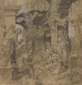 The Adoration of the Shepherds, verso: Sketches, ca. 1532-37. tekijältä Maerten van Heemskerck
