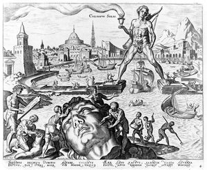 Rodoksen kolossi, levy 4 julkaisusta The Eight Wonders of the World, engr. Philips Galle, 1572