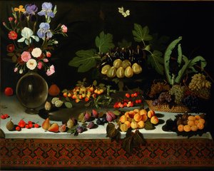 Kukka ja hedelmä pöydällä, n. 1600. tekijältä Maestro di Hartford