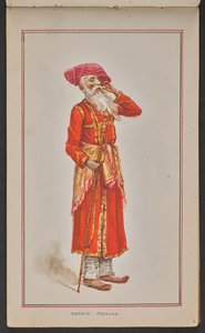 Kolhapurin durbarin iäkäs hovivirkailija, pukeutunut punaiseen takkiin ja vaaleanpunaiseen turbaaniin (akvarelli paperille). tekijältä Mahadev Vishvanath Dhurandhar