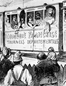 Comédie Française -elokuvan näyttelijät kiertueella Ranskassa erikoisjunassa, pysähtyvät antaakseen maaseudulle välähdyksen teatteriin, 1800-luvun toinen puoli