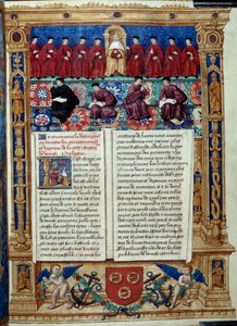 O Conselho dos Dez O Doge está no centro. Página extraída de uma descrição ou trata do governo e regime da cidade e senhoria de Veneza realizada pelo Almirante Louis Malet de Graville, iluminada pelo Mestre de Philip de Geldre (séc. tekijältä Maitre de Philippe de Gueldre
