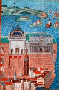 Näkymä Pyhän Markuksen aukiolle ja Venetsian Dogen palatsille"" Miniatyyri otettu kohteesta "" Kuvaus tai käsittelee Venetsian kaupungin hallitusta ja hallintoa""" Philip de Geldren (1467-1547) mestari Chantilly , Musee Conde tekijältä Maitre de Philippe de Gueldre