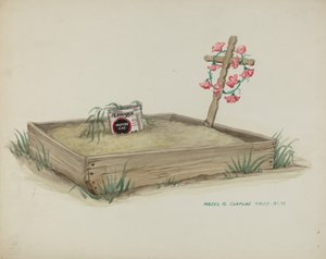 Lasten hauta käsintehdyllä puuristillä, n. 1937. tekijältä Majel G. Claflin