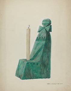 Maalattu puinen kynttilänjalka, uria ja ympyröitä, n. 1937. tekijältä Majel G. Claflin