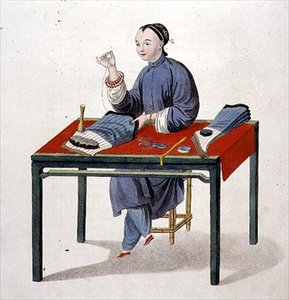 Nainen tekevä sukkia, levy 3 kirjasta "The Costume of China", kaiverrus J. Dadley