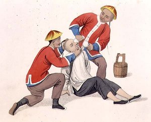 Poltetaan miehen silmiä kalkilla, levy 11 teoksesta "The Punishments of China", kaiverrettu J. Dadley