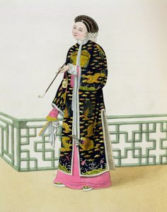 Erottava nainen seremoniatottumuksessaan, levy 60 teoksesta "The Costume of China", kaiverrettu J. Dadley, 1800