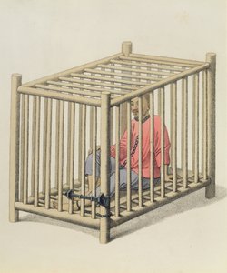 Pahantekijä häkissä, levy 15 teoksesta "The Punishments of China", kaiverrus J. Dadley, 1804