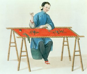 Nainen kirjonta, levy 41 teoksesta "The Costume of China", kaiverrus J. Dadley, 1800