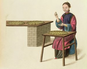 Nainen valmistamassa teetä, lautanen 21 teoksesta "The Costume of China", kaiverrettu J. Dadley, 1800