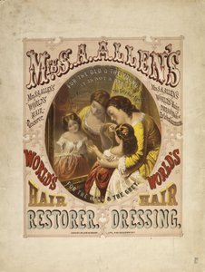 Rouva S. A. Allenin maailman hiusten palauttaja, hiustenhoito, 1865 (litografia)